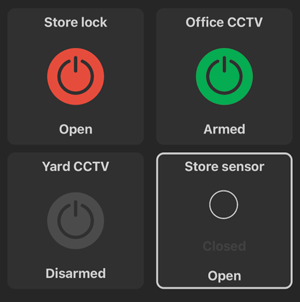 IPIO app showing: Disarmed (labelled as Open), Armed and the Ghost state and a sensor input.